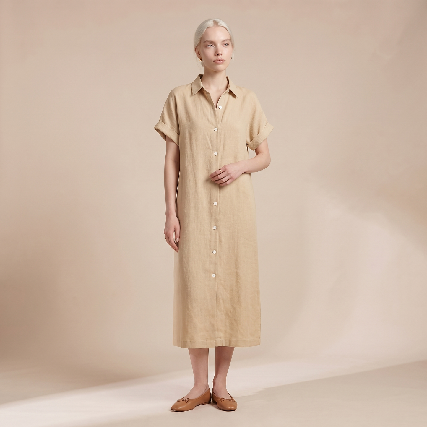 Sunoire turn down collar holiday party dress women summer striped print patchwork chic maxi dress 2026 short sleeve loose ladies dress colorway beige front hero 01