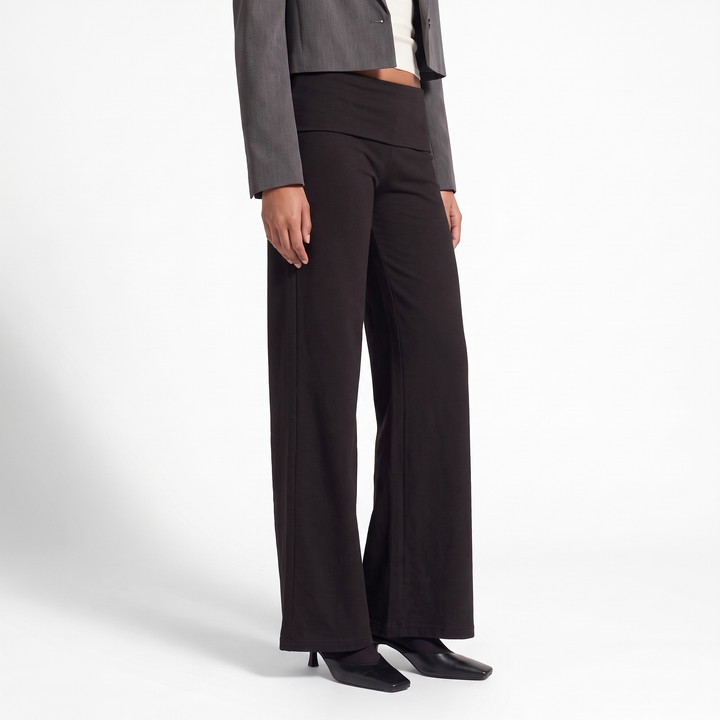 Foldover Waist Wide Leg Pants, Flowy Everyday Casual Trousers, Three-quarter