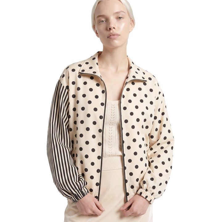 Sunoire women 2026 fall polka dot outerwear stand collar loose fit elegant casual long sleeve jacket top front crop 01