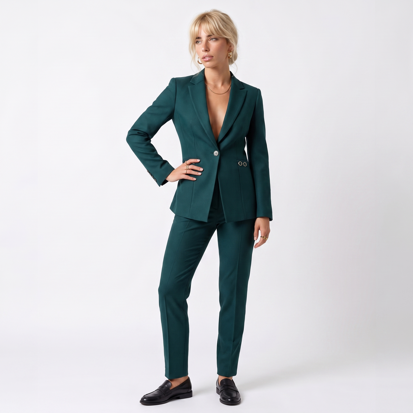 Sunoire women blazer set with one button and straight trousers colorway teal front hero 01