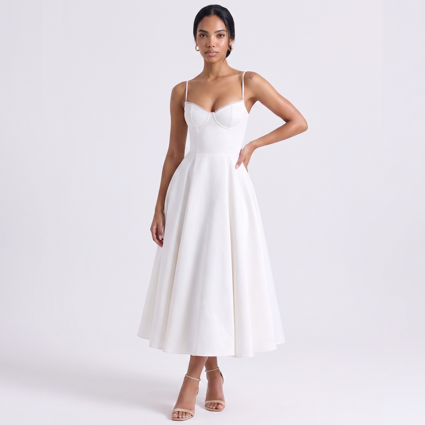 Sunoire women s casual spaghetti strap a line polyester print flowy midi dresses party evening gown backless elegant wedding guest dress colorway white front hero 01