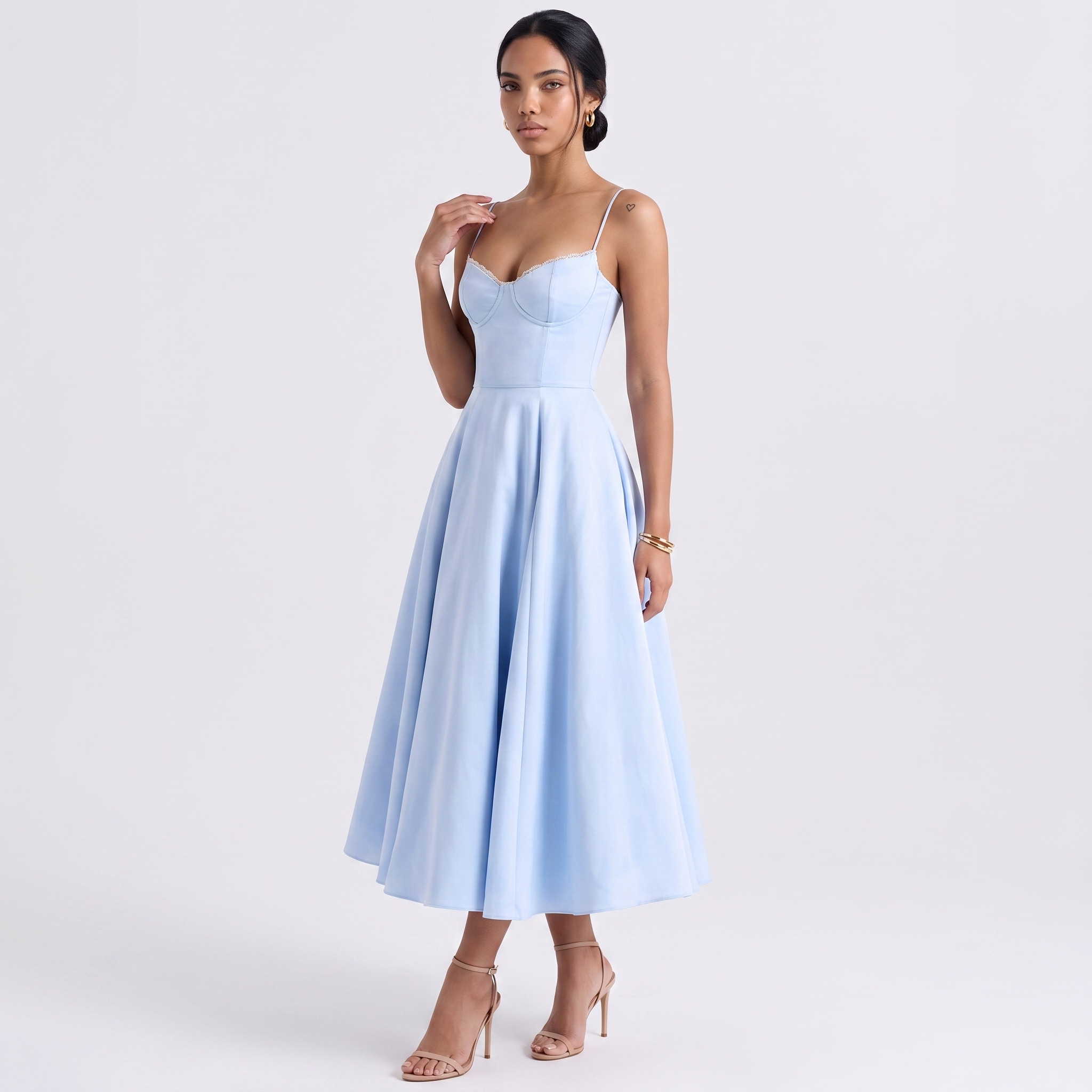 Corset Sweetheart Neck Midi Dress – Fit & Flare Wedding Guest Dress – Sunoire
