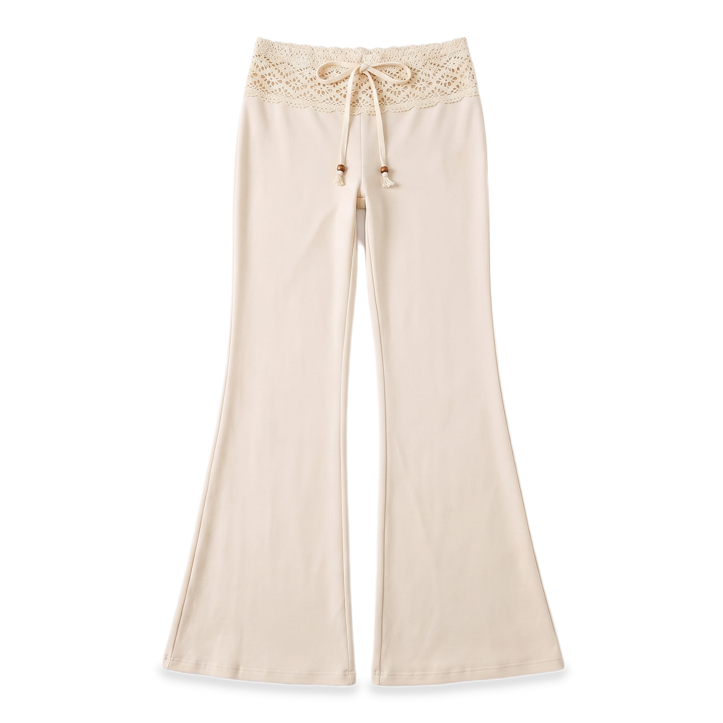 Sunoire crochet lace flared pants garment flatlay 01
