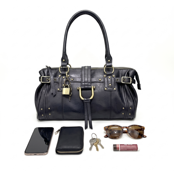 Women's Faux Leather Padlock Bowling Bag, what fits inside