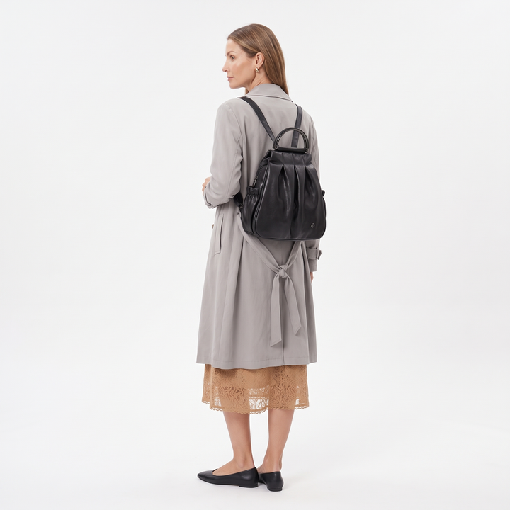 Women's Faux Leather Pleated Backpack, worn from behind