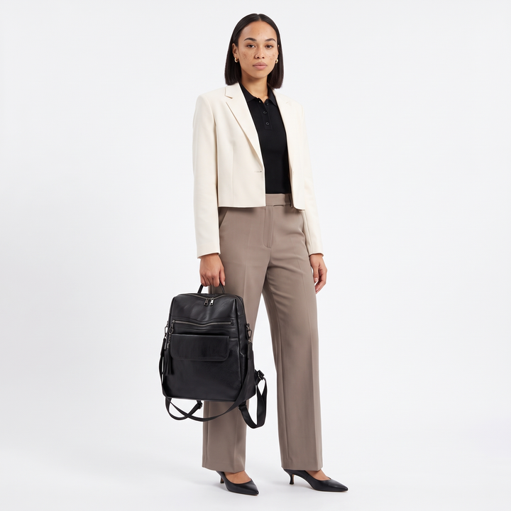 Women's Faux Leather Square Backpack, worn by a model