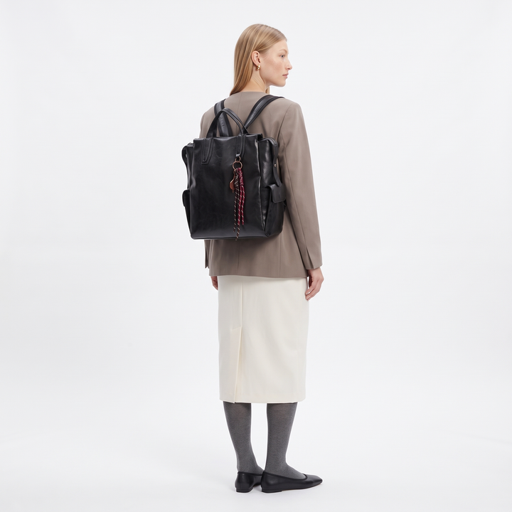 Women's Faux Leather Tote Backpack, worn from behind