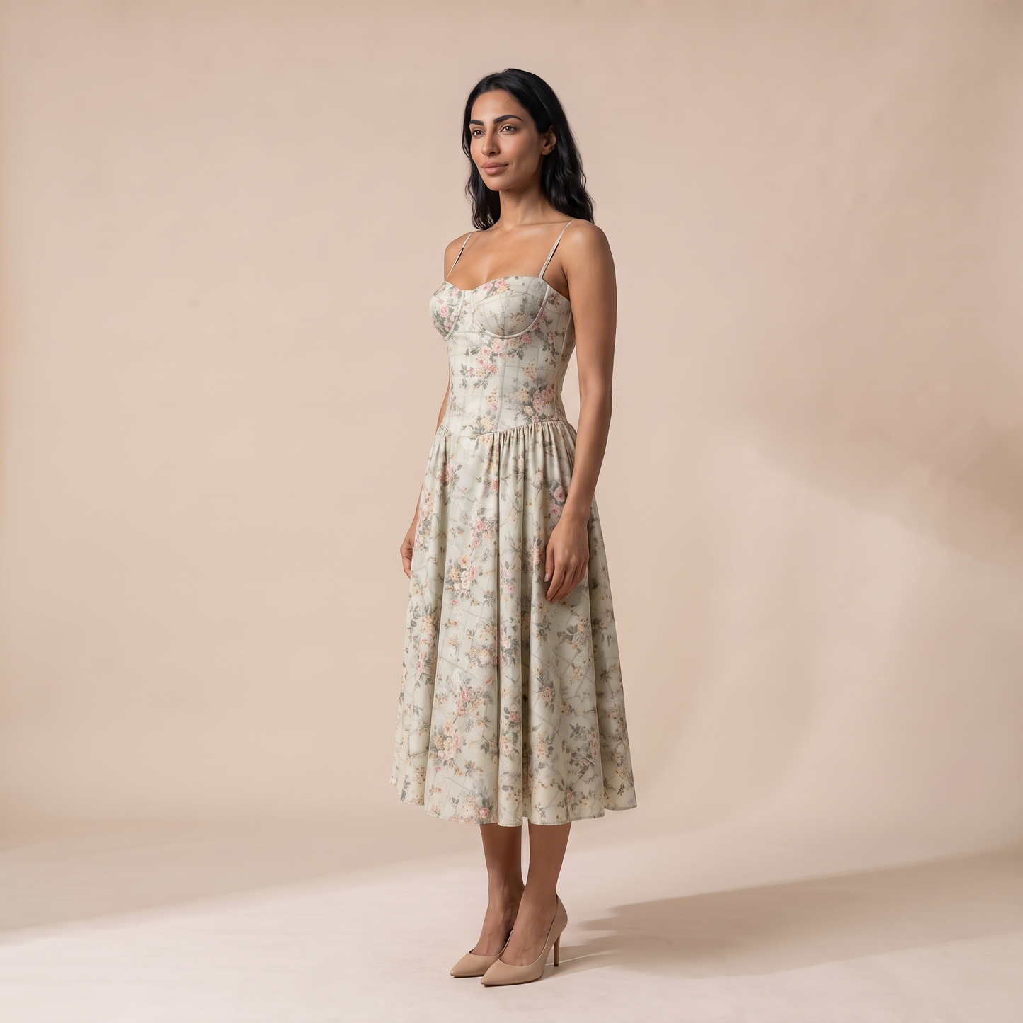 Sunoire women s floral corset midi dress sweetheart neck wedding guest style three quarter 01