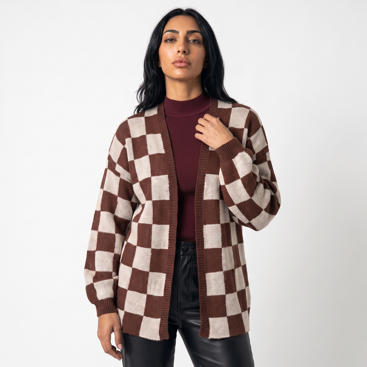 Sunoire women s knitted cardigan women s clash color stitching checkerboard loose casual sweater jacket top front crop 01