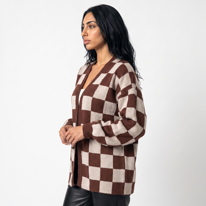 Sunoire women s knitted cardigan women s clash color stitching checkerboard loose casual sweater jacket top side crop 01