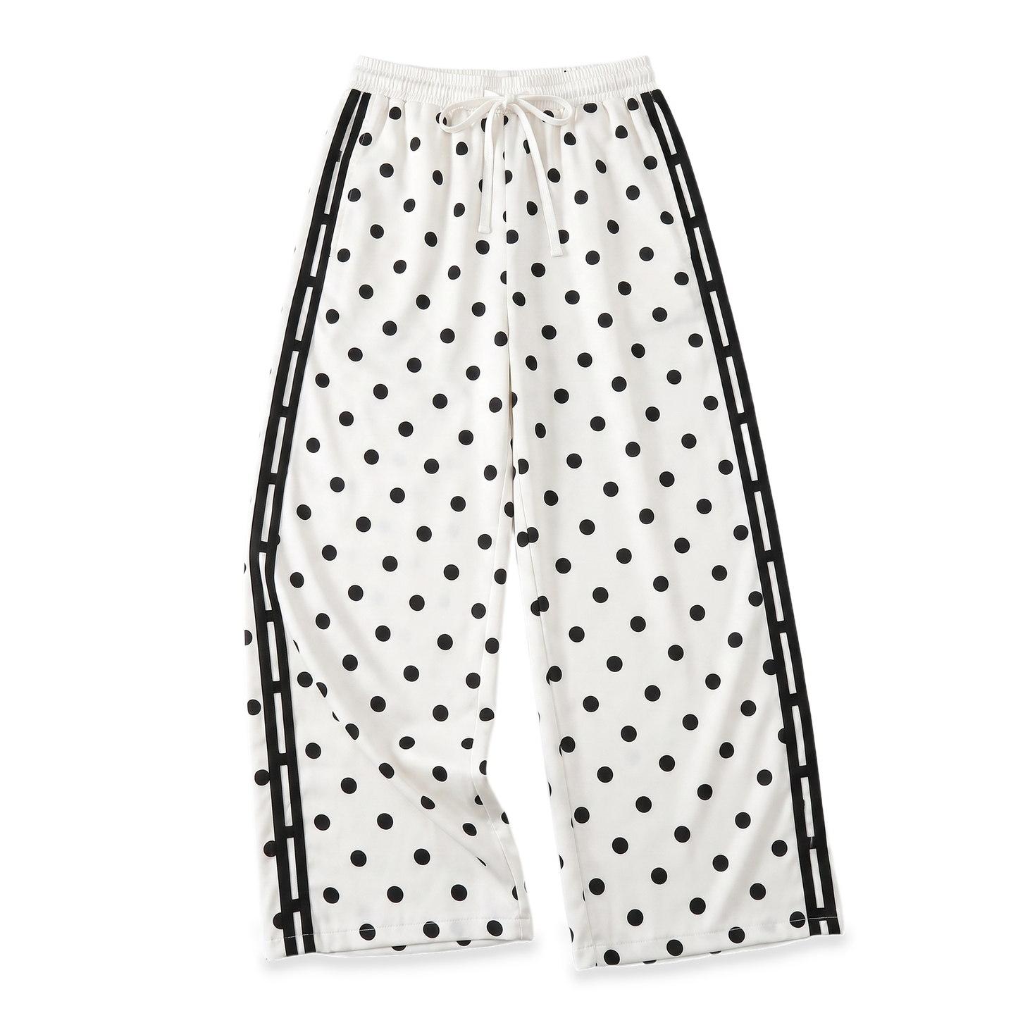 Sunoire white polka dot side stripe track pants garment flatlay 01