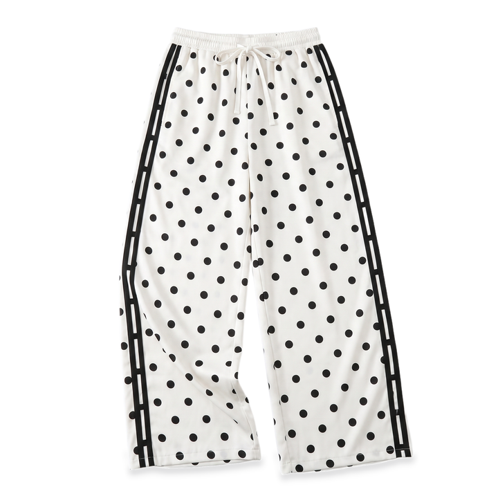 Sunoire white polka dot side stripe track pants garment flatlay 01