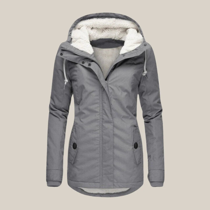 Women's Sherpa-Lined Hooded Quilted Jacket Fleece Winter Coat in Gray