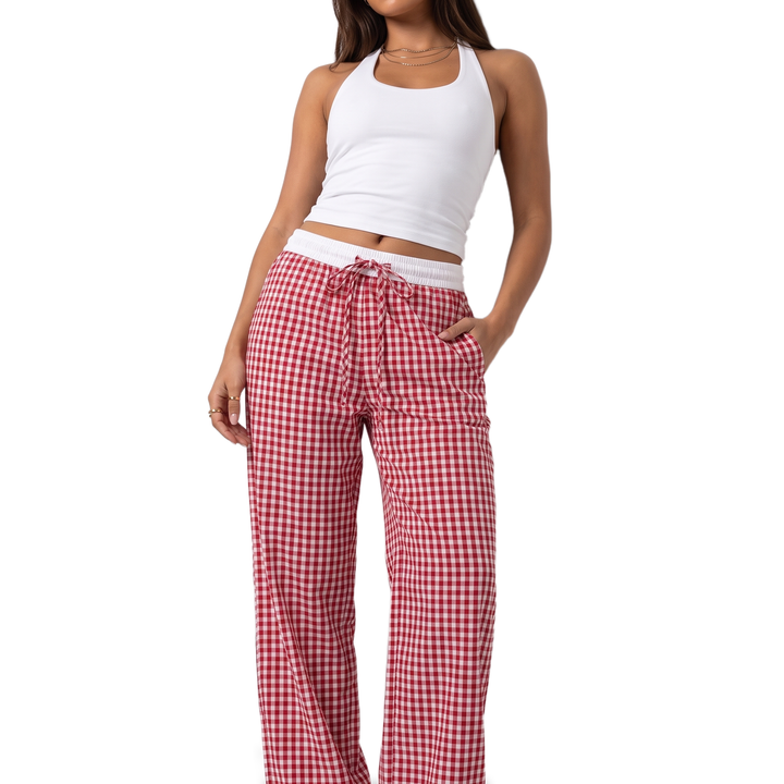 Sunoire pink stripe drawstring wide leg pants colorway red gingham front crop 01