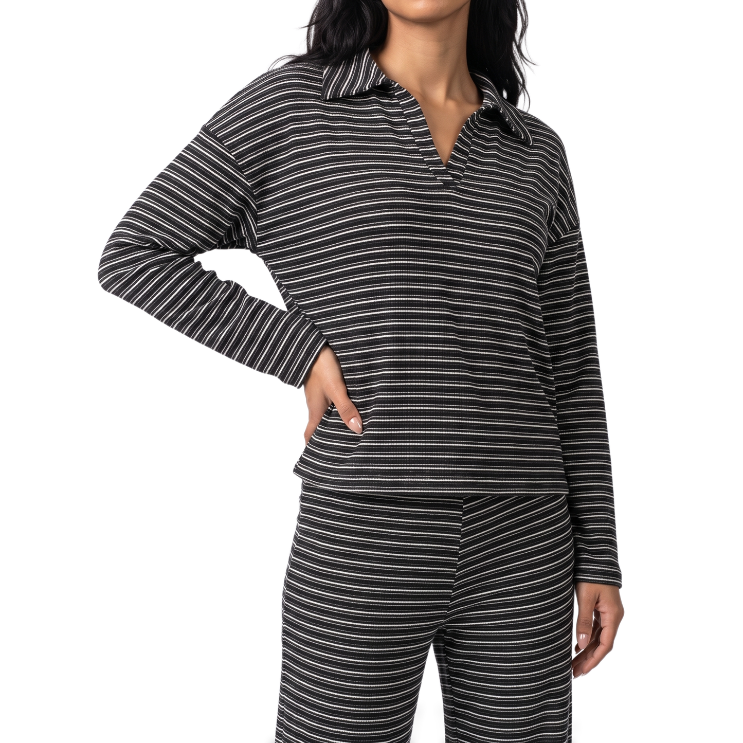 Sunoire striped collared lounge set torso crop 01