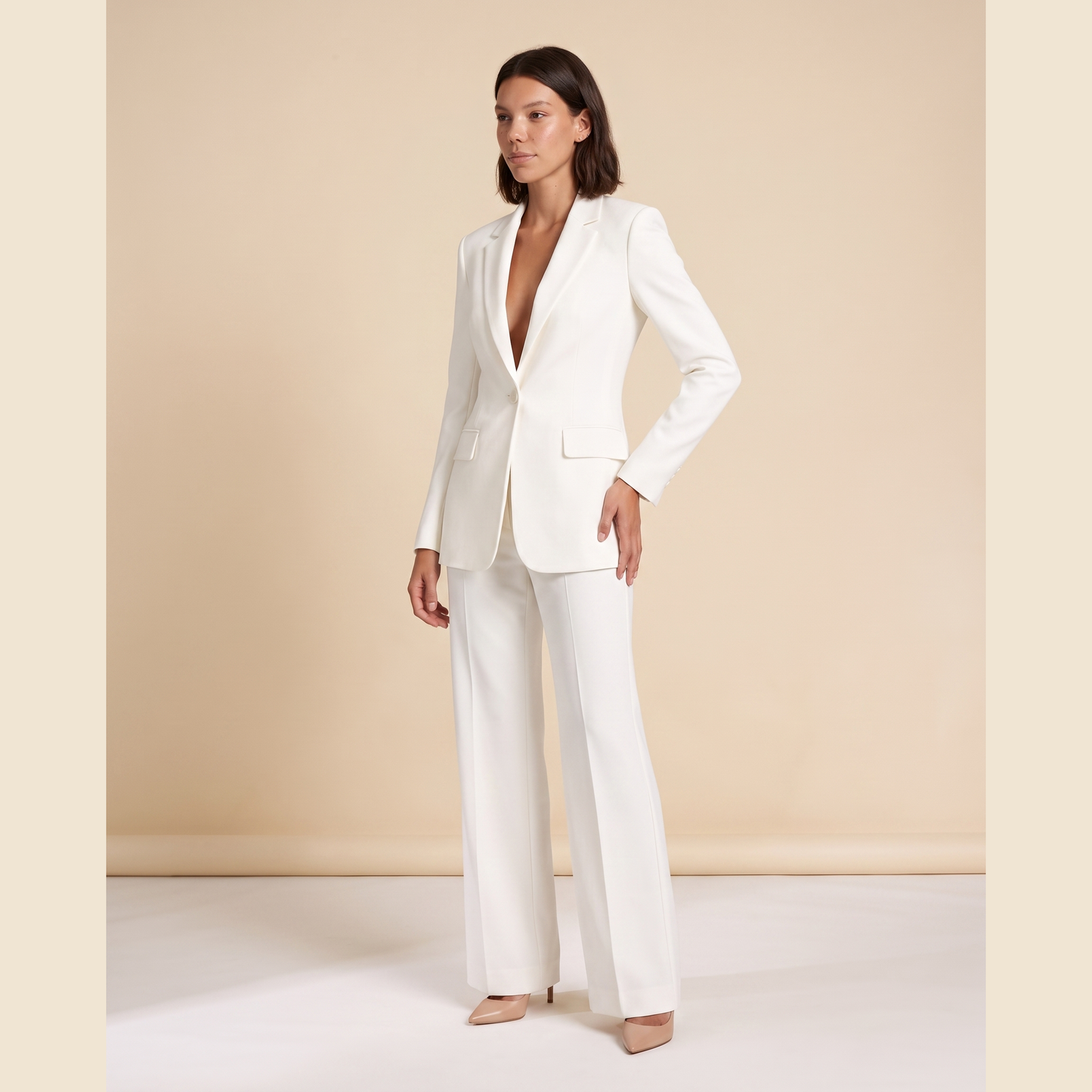 Sunoire women s tailored blazer and wide leg trousers set smart occasion style three quarter 01