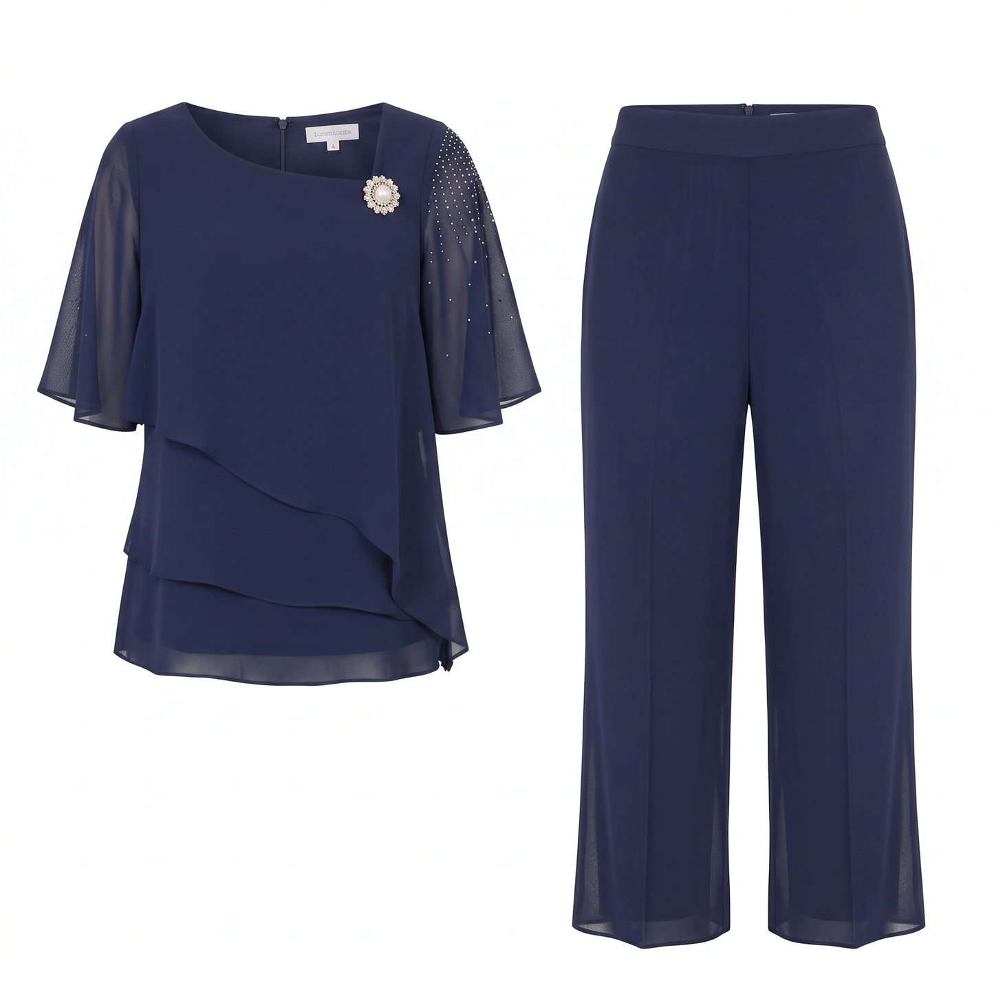 Sunoire women s top and trousers set with layered top and straight legs garment flatlay 01