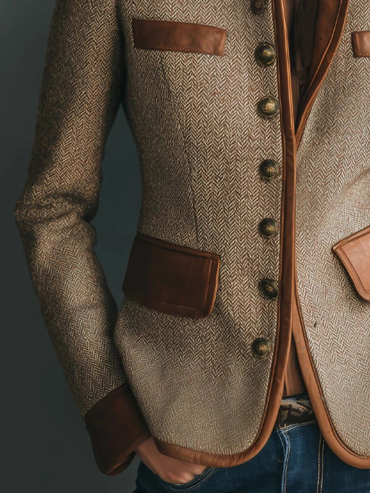 Women's Vintage Herringbone Tweed Leather-Trim Button-Front Jacket in Brown, another view