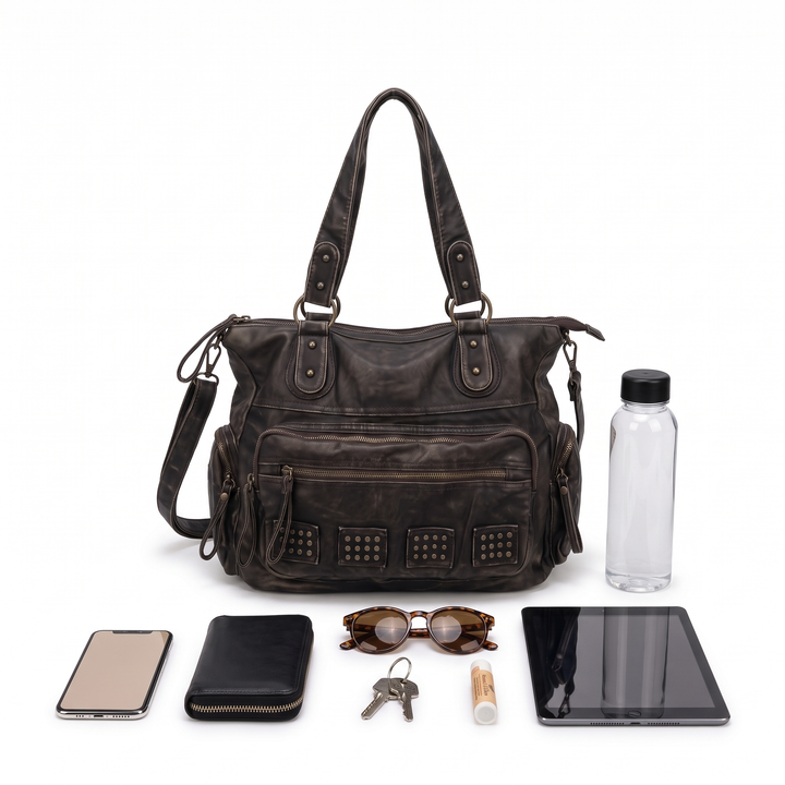 Women's Washed Faux Leather Studded Shoulder Bag, what fits inside