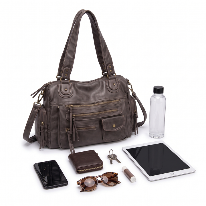 Women's Washed Faux Leather Zip Pocket Shoulder Bag, what fits inside