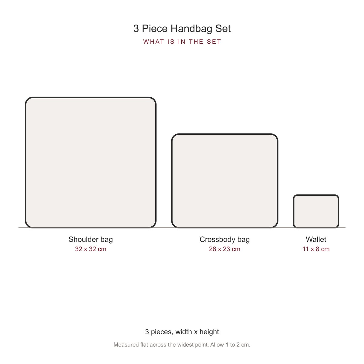 Women's 3 Piece Handbag and Purse Set, dimensions