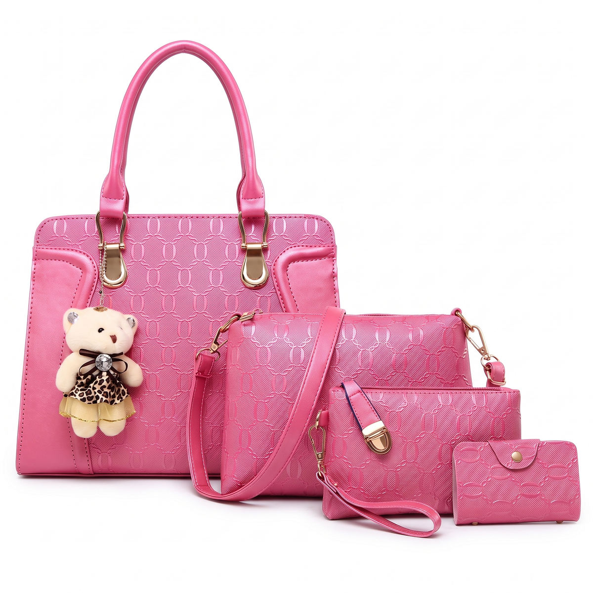 Women's 4 Piece Handbag and Purse Set, the whole set in Hot Pink