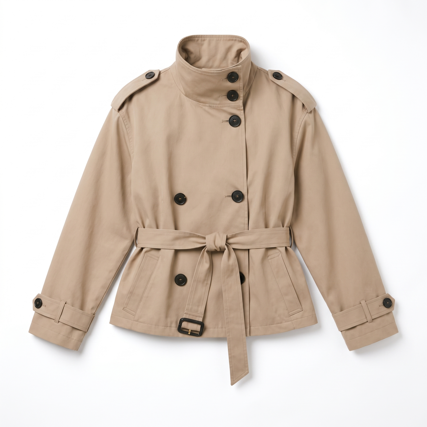 Sunoire womens belted cropped trench coat jacket garment flatlay 01