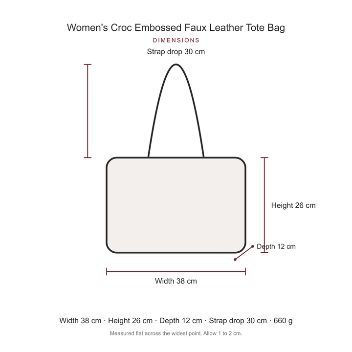 Women's Croc Embossed Faux Leather Tote Bag, dimensions