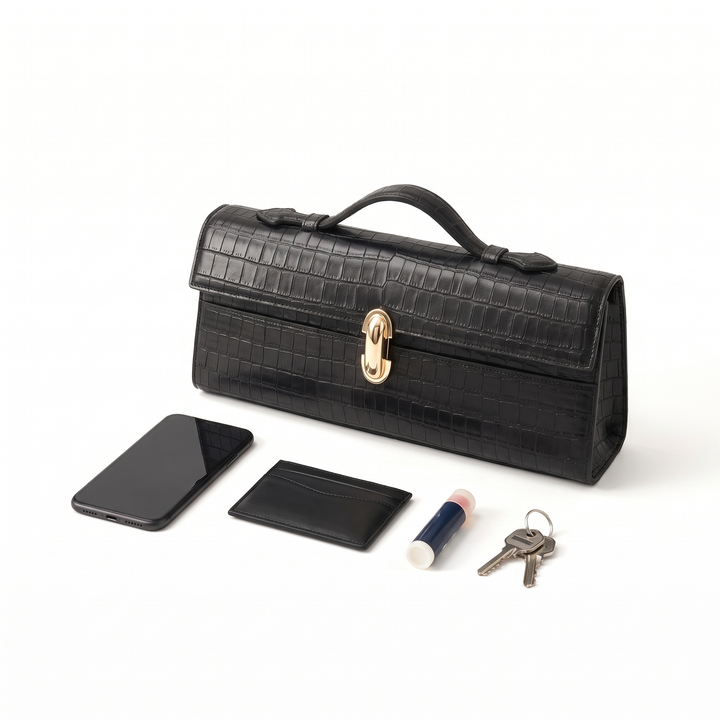 Women's Croc Faux Leather Top Handle Clutch, what fits inside