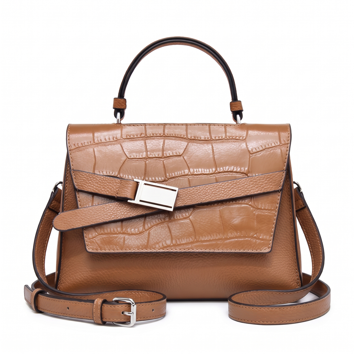 Women's Croc Faux Leather Top Handle Satchel in Camel
