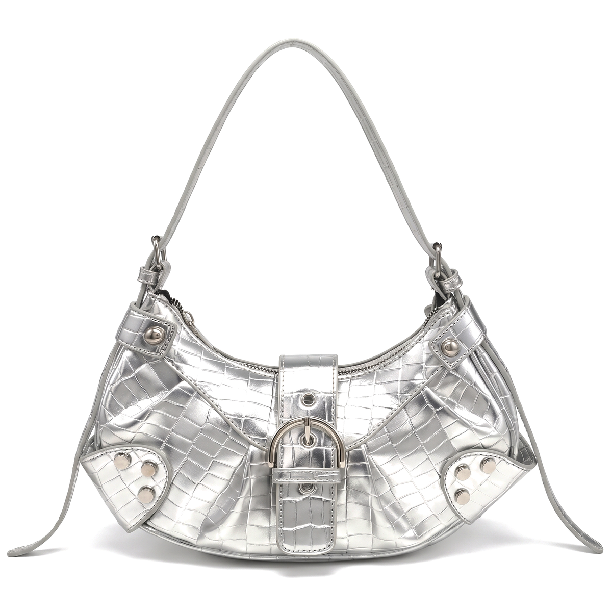 Women's Distressed Vegan Leather Clutch Shoulder Bag in Silver Croc