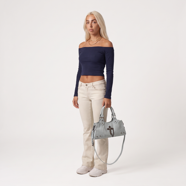 Women's Vegan Leather Biker Shoulder Bag, worn by a model