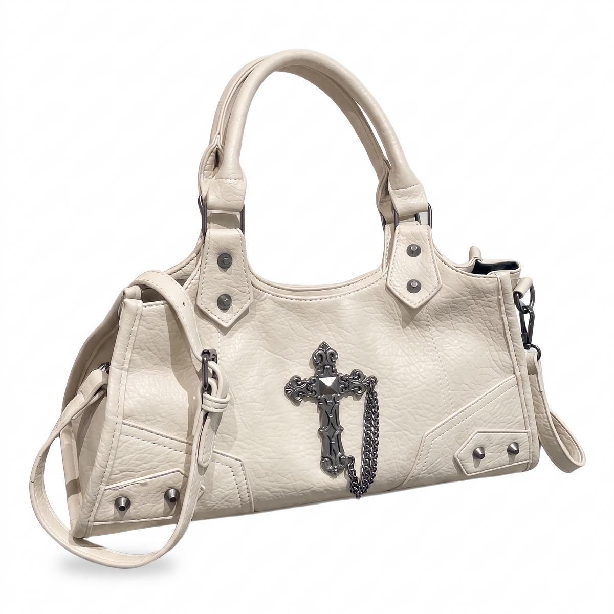 Women's Vegan Leather Biker Shoulder Bag in Off White