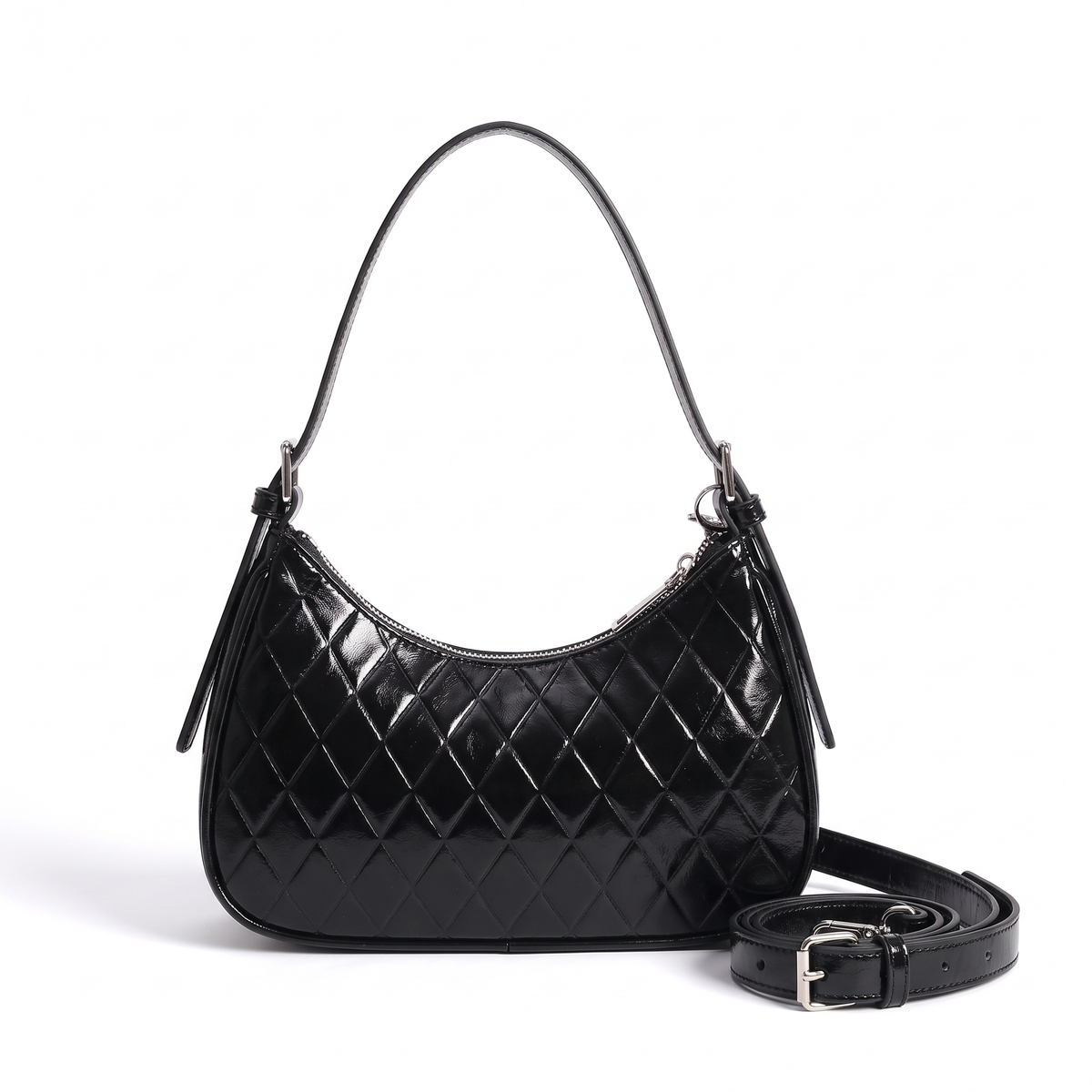 Women's Vegan Leather Crescent Shoulder Bag in Black