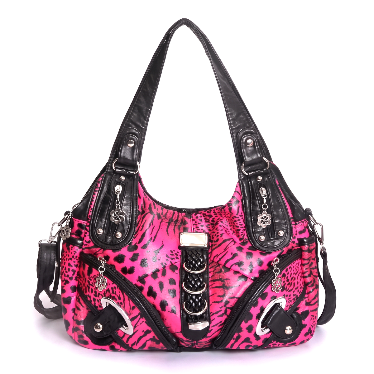 Women's Vegan Leather Hobo Bag in Hot Pink Leopard