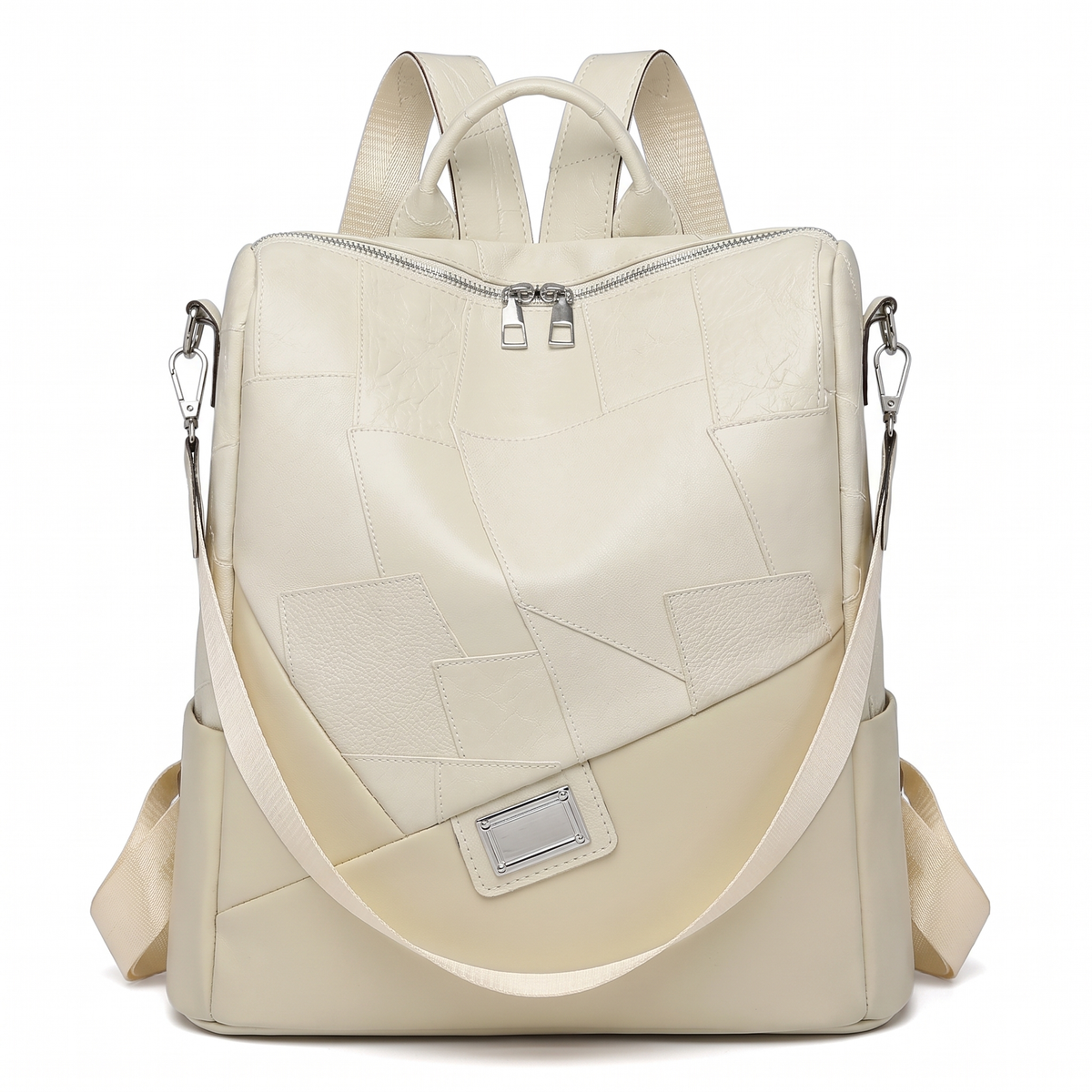 Women's Faux Leather Patchwork Backpack in Cream