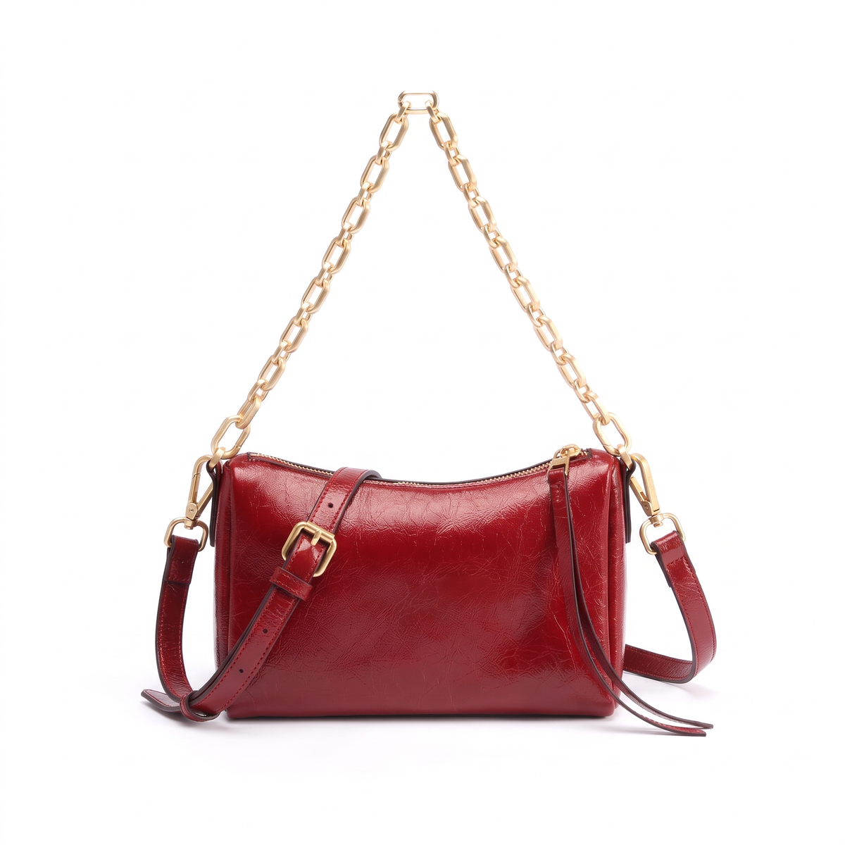 Women's Glossy Faux Leather Chain Shoulder Bag in Red