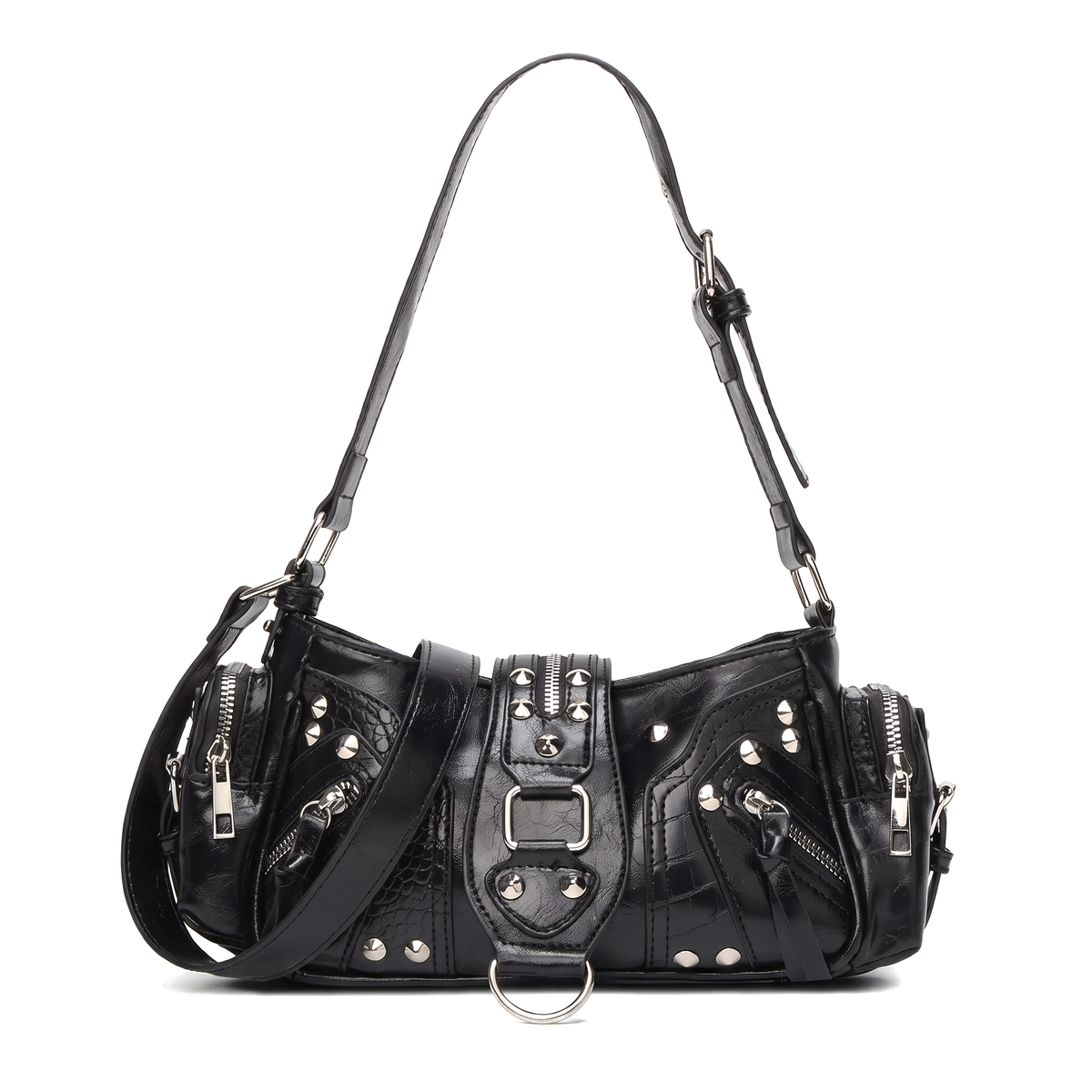 Women's Leopard Print Studded Shoulder Bag in Black