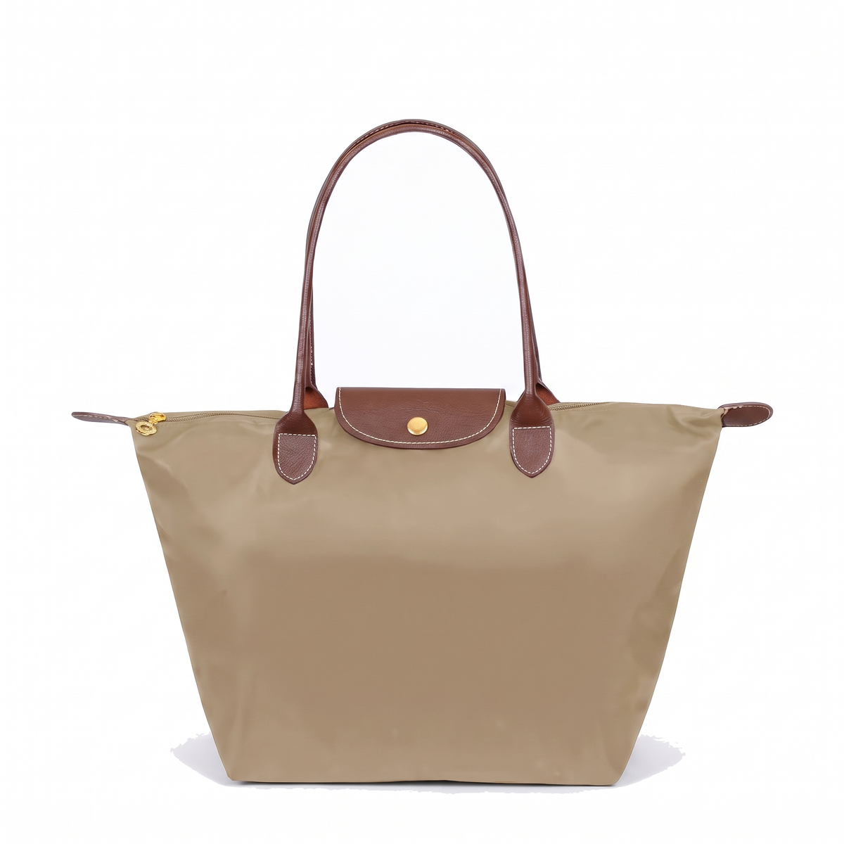 Women's Nylon Tote Bag with Faux Leather Trim in Beige