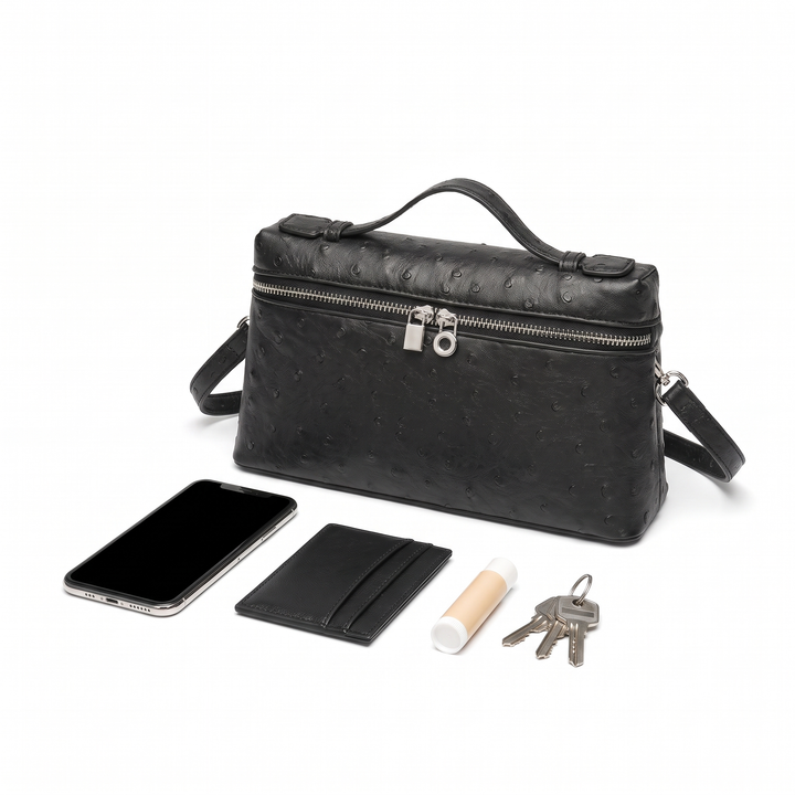 Women's Ostrich Faux Leather Pouch Bag, what fits inside