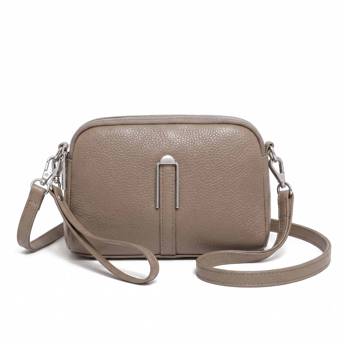 Women's Pebbled Faux Leather Double Zip Crossbody Bag in Khaki