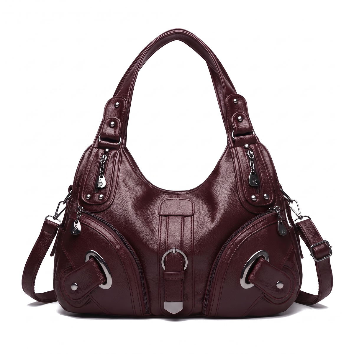 Women's Pebbled Vegan Leather Hobo Bag in Burgundy