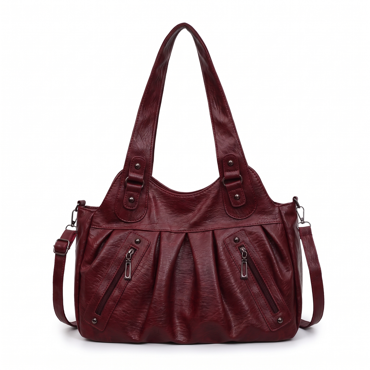 Women's Pleated Faux Leather Hobo Bag in Burgundy