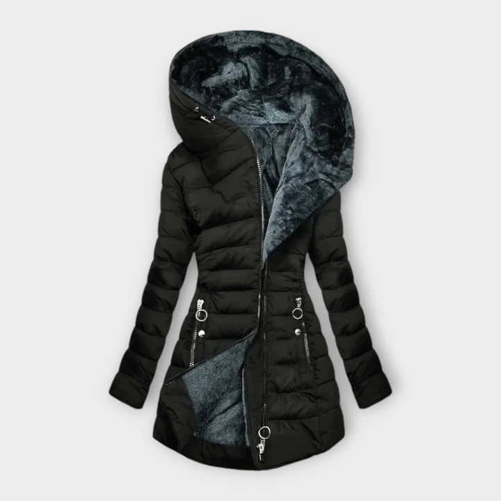 Women's quilted zip-up hood puffer coat with faux fur lining in Black