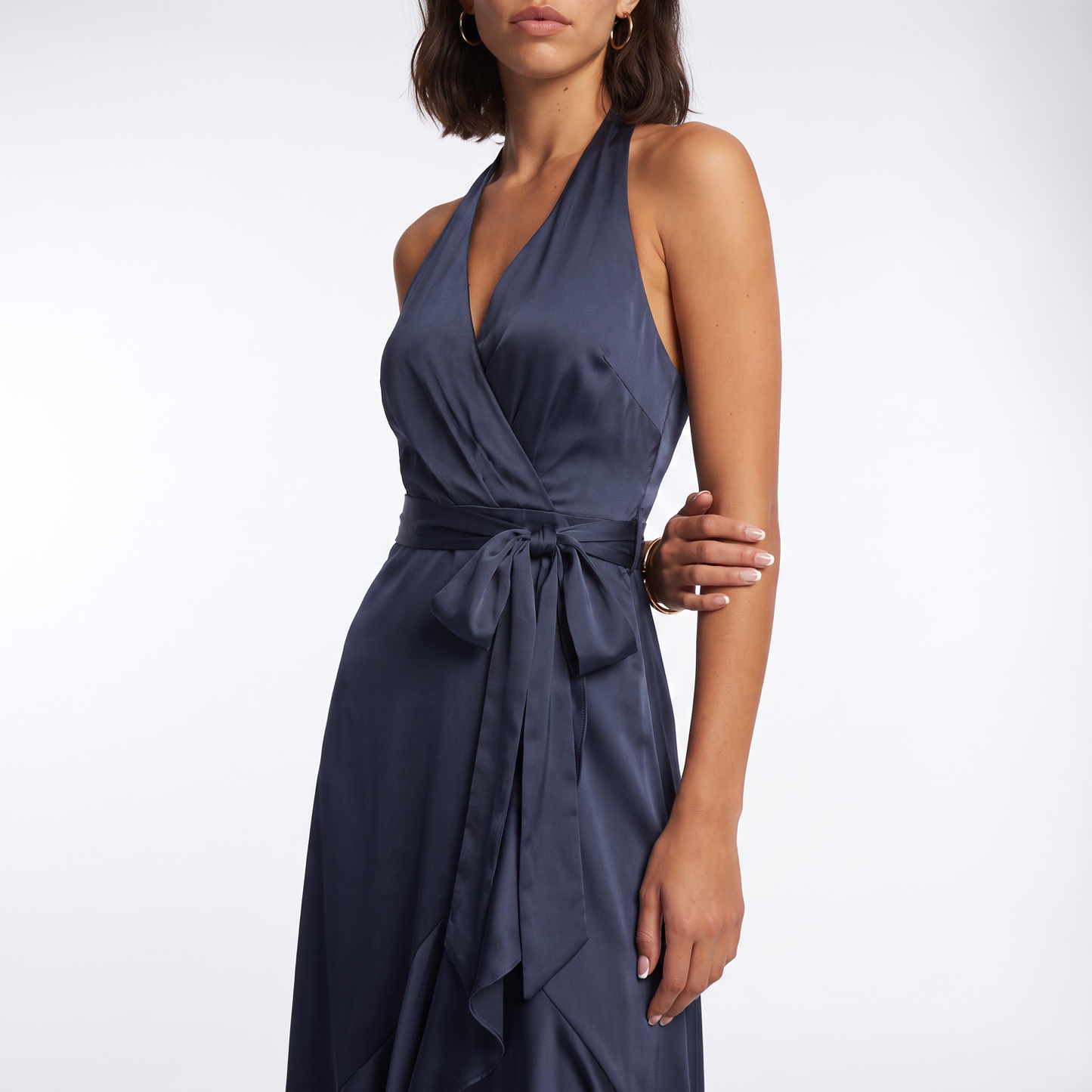 Sunoire womens satin halter dress high low ruffle skirt formal evening dress torso crop 01