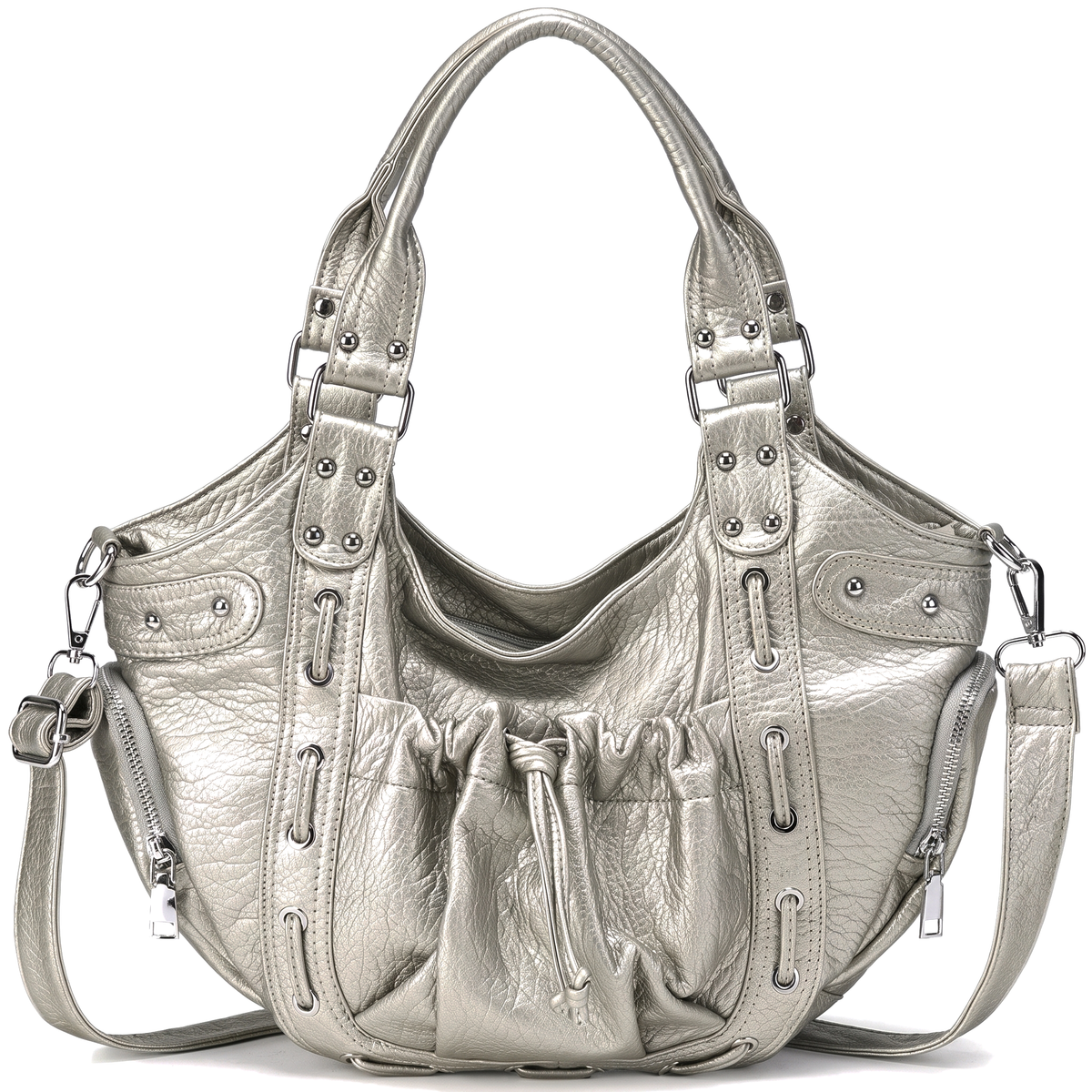 Women's Studded Vegan Leather Hobo Bag in Silver