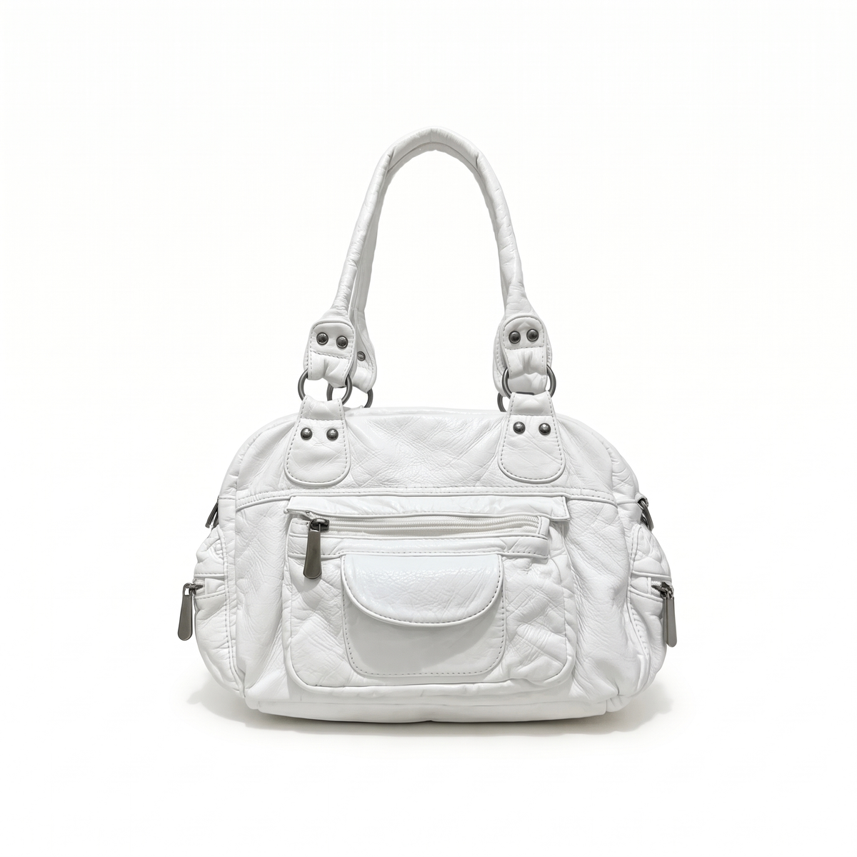 Women's Washed Faux Leather Bowling Bag in White
