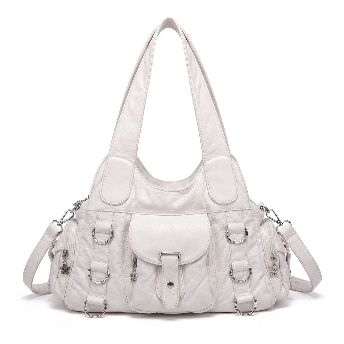 Women's Washed Faux Leather Hobo Bag in Off-White
