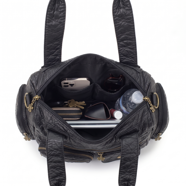 Women's Washed Faux Leather Multi Pocket Shoulder Bag, interior