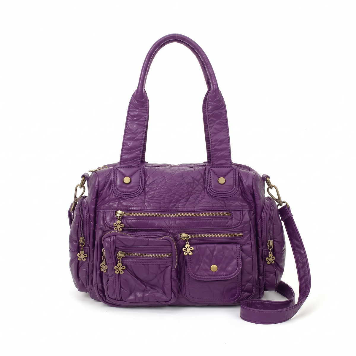 Women's Washed Faux Leather Multi Pocket Shoulder Bag in Purple